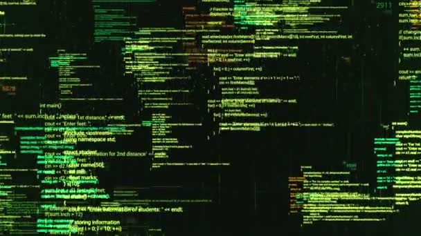 Abstrakt datorkod körs i ett virtuellt utrymme. Animering. Programmering kod med rörliga linjer isolerade på svart sreen bakgrund, sömlös loop. — Stockvideo