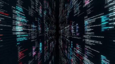 Üç boyutlu efektli, kusursuz döngülü, siyah arkaplanda akan programlama kodu. Animasyon. Soyut teknolojik model, yazılım geliştirme konsepti ve bilgisayar betiği.