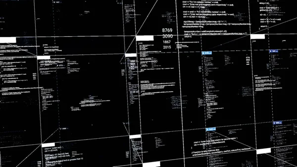 Abstrakter Programmiercode, unterteilt in Blöcke auf schwarzem Hintergrund, nahtlose Schleife. Animation. Technischer Hintergrund des Softwareentwicklers und Computerskripts. — Stockfoto