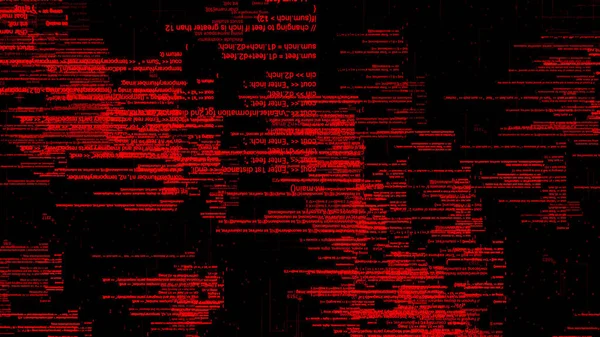 Abstract red horizontal lines of flowing data. Animation. Symbols changing fast and moving isolated on black background, seamless loop, concept of hacking and computer technologies.