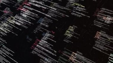 Soyut kodların rastgele çizgileri çalıştırılıyor. Animasyon. Siyah arkaplan, kusursuz döngü, modern teknoloji kavramı hakkında tonlarca değişen ve hareket eden veri..