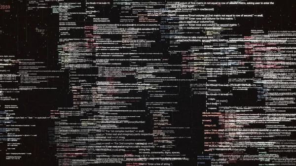 Código fuente digital abstracto de un programa informático en pantalla virtual. Animación. Registro de estadísticas y procesamiento de datos sobre fondo negro, bucle sin fisuras. — Foto de Stock