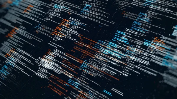 Abstract digital source code of a computer program on virtual display. Animation. Statistics recording and data processing over black background, seamless loop.