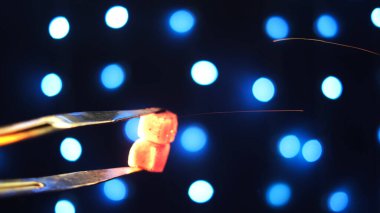 Metal maşaları ve nargile kömürü yakın, siyah arka planda, mavi çelenkli. Medya. Shisha için pensleri olan kızgın kömürleri tutuyorum..