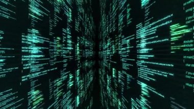 Soyut bilgisayar ekranında modern uygulama kodu. Animasyon. Modern yazılım geliştirme kodu, siyah zemin üzerinde uçan semboller, kusursuz döngü.