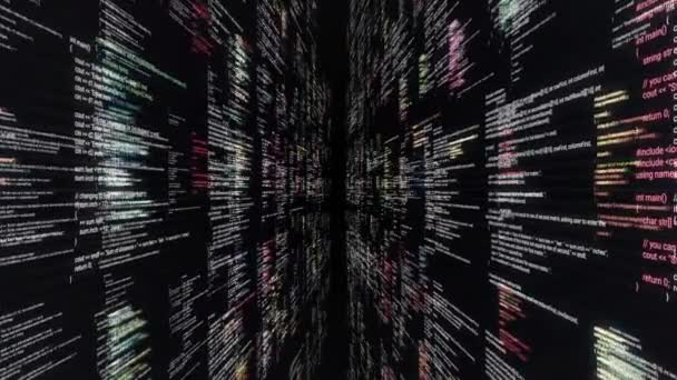 Moderne toepassingscode op het abstracte computerscherm. Animatie. Moderne software ontwikkelcode, vliegende symbolen op zwarte achtergrond, naadloze lus. — Stockvideo