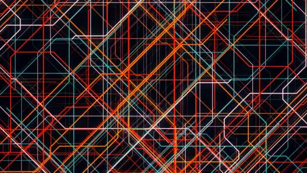 Rayos cruzados multicolores abstractos moviéndose rápidamente aislados sobre fondo negro. Animación. Conexiones interminables de líneas coloridas que fluyen rápidamente y luego desaparecen. — Vídeo de stock