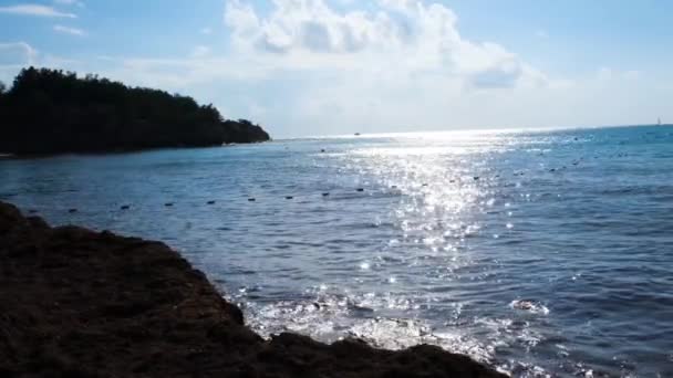 Steinküste vor dem Hintergrund des Horizonts bei sonnigem Wetter. Konzept. Leere Felsküste mit Bojen und Sonnenblenden auf dem Wasser. Seelandschaft bei sonnigem Wetter — Stockvideo