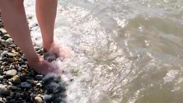 Female legs with bright black pedicure on pebble beach being washed by sea waves. Concept. Summer vacation concept, woman feet in warm sea water and foam, pebbles beach, barefoot, close up. — Stock Video