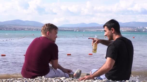 Bakifrån av två män som kopplar av på stranden med öl. Media. Glada manliga vänner dricker tillsammans på stranden och chatta på hav och berg bakgrund. — Stockvideo