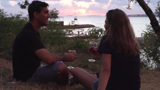 Aimer couple heureux boire du vin rouge près de la plage de la mer pendant l'heure du coucher du soleil. Les médias. Homme et femme bavardant assis sur le sol près de l'herbe verte et des buissons. — Video