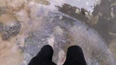 Kıllı bacaklı bir adam soğuk dağ akıntısını geçiyor. Şarjör. Soğuk nehirde taş tabanlı erkek çıplak bacakları, yürüyüş konsepti..
