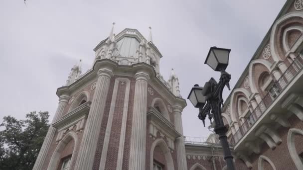 Veduta del Palazzo, museo storico e architettonico, Tsaritsyno a Mosca, Russia. Azione. Vista inferiore di un bellissimo edificio bianco vicino alla lanterna nera in tempo nebbioso. — Video Stock
