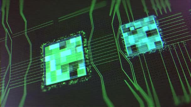 Abstraktní pozadí počítačového čipu nebo desky obvodu s efektem závady. Animace. Koncept umělé inteligence, abstraktní pohyblivé signály na černém pozadí. — Stock video