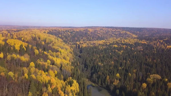 Luftaufnahme des Herbstwaldes und des kleinen Sees. Clip. Atemberaubende Panorama-Luftaufnahme der Hügel mit bunten Orangen- und Gelbbbäumen in einem Nadelmischwald im Morgennebel. — Stockfoto