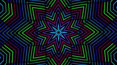 Hareket eden renkli desenlerin animasyonuyla soyut radyal arkaplan. Animasyon. Çizgi film kaleydoskobu, LSD etkisi konsepti, kusursuz döngü.