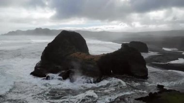 Okyanus dalgaları İzlanda kıyılarındaki kayalık bir adaya çarpar.