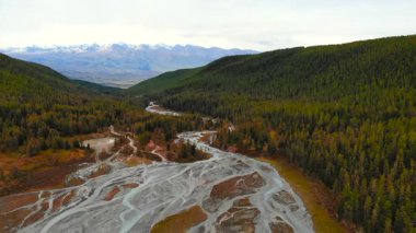 Ebediyete kadar yeşil ve sonbahar ağaçlarıyla dolu bir vadide kıvrılan örülmüş nehir, uzaktaki karlı dağlar. Medya