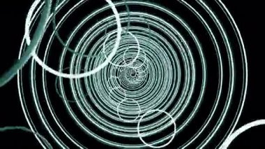 Parlak eşmerkezli çemberler siyah arka planda sonsuz, büyüleyici bir spiral tünel yaratıyor.