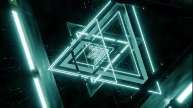 Hiperuzayda parlayan üçgen şekiller ve neon ışıklardan oluşan geleceksel bir koridorda uçmak