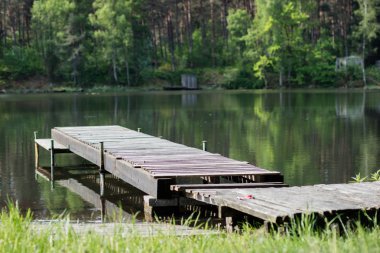Ormandaki bir sarma ahşap köprü. Bir köprü bir dendroloji park boyunca giden orman yolu. Bahar mevsimi.