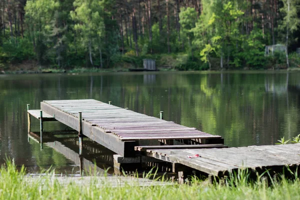 Ormandaki bir sarma ahşap köprü. Bir köprü bir dendroloji park boyunca giden orman yolu. Bahar mevsimi.