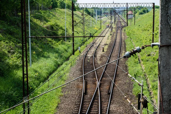 Línea Ferroviaria Para Trenes Alta Velocidad Línea Ferroviaria Tracción Eléctrica —  Fotos de Stock