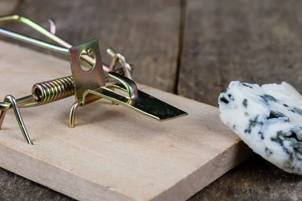 Mousetrap Een Oude Houten Tafel Metalen Toebehoren Voor Uitroeiing Van — Stockfoto