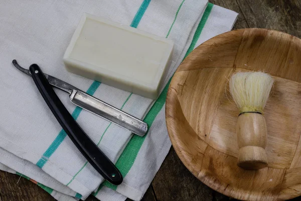 Razor Brush Soap Old Wooden Table Accessories Daily Hygiene Men — Stock Photo, Image