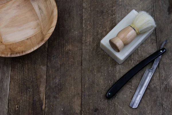 Razor Brush Soap Old Wooden Table Accessories Daily Hygiene Men — Stock Photo, Image