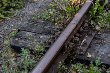 Eski demiryolu rayları. Eski teknoloji bağlayan demiryolu raylar. Yaz sezonu.
