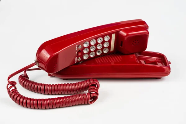 Régi Piros Telefon Val Kézibeszélő Telefon Beállítása Kilencvenes Években Fehér — Stock Fotó