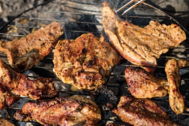 Lezzetli domuz eti ızgara. Izgara lezzetleri bir ev bahçe içinde bir parti için. Yaz sezonu.