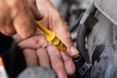 Yağ seviye ölçümleri için araba yağ çubuğu. Arabanın motoru parametrelerini kontrol. Yer - atölye.
