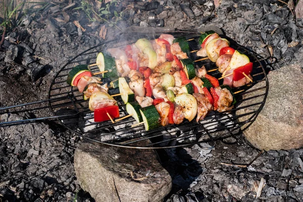一个热烧烤与美味的串 篦排在三块石头上 夏天的季节 — 图库照片