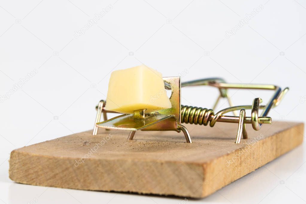 Mousetrap on a white table. Trap with yellow cheese as a bait. White background.