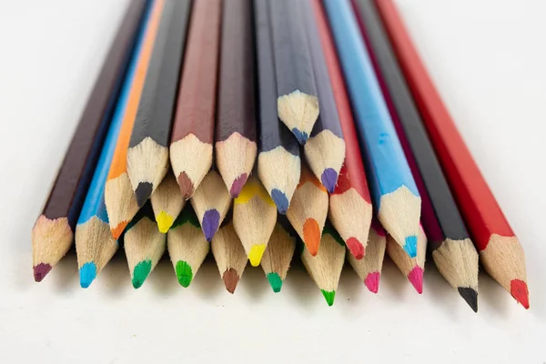 Pencil Crayons White Table School Supplies Used Art Lessons White — Stock Photo, Image