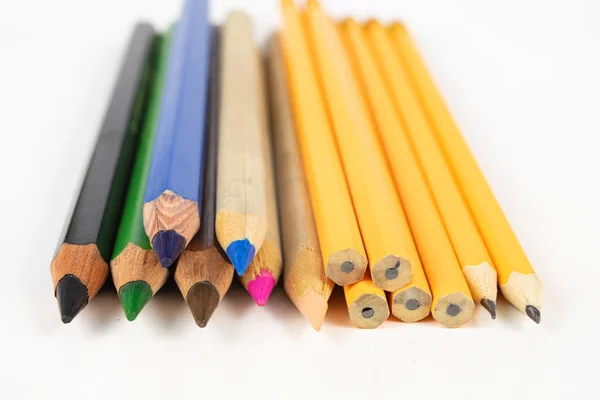 Pencil Crayons White Table School Supplies Used Art Lessons White — Stock Photo, Image