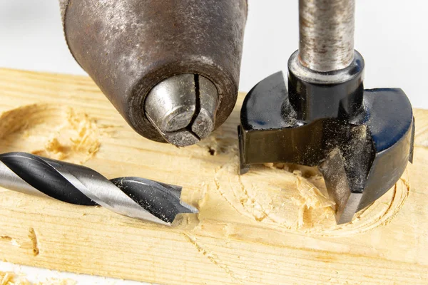 Perforar Agujeros Con Taladro Madera Taller Trabajos Carpintería Realizados Con — Foto de Stock