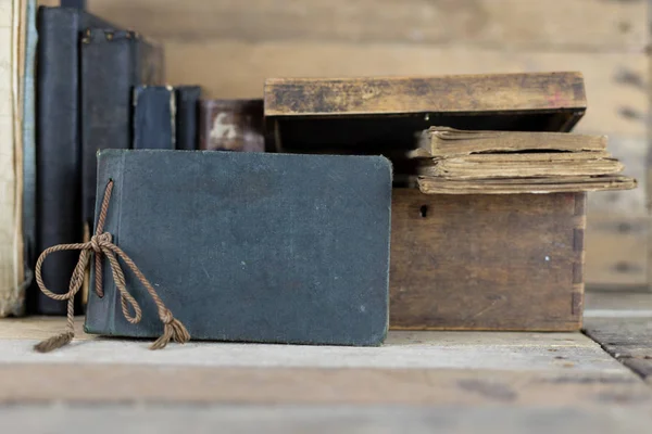 Old Books Wooden Box Set Shelf Old Publishing Houses Set — Stock Photo, Image