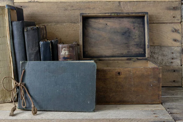 Old Books Wooden Box Set Shelf Old Publishing Houses Set — Stock Photo, Image