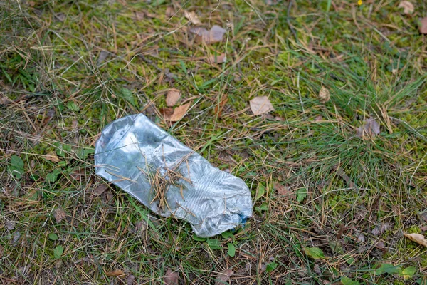 Пластиковый Мусор Лесу Заправленная Природа Пластиковый Контейнер Лежит Траве Сезон — стоковое фото