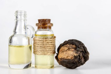 Yağ bir şişe ve ceviz beyaz mutfak masası üzerinde. Baharat ve malzemeleri kuchi içinde yararlı. Beyaz arka plan.