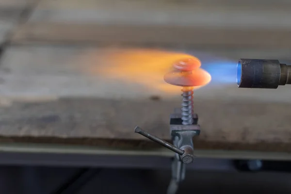 Metal Heating Gas Burner Home Workshop Tempering Steel Flames Dark — Stock Photo, Image