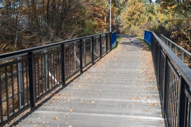 Plakalar Orta Avrupa'da yapılmış bir köprü. Dar hat Demiryolu Köprüsü'nden bir kafes inşa Nehri geçerken. Sezon sonbahar.
