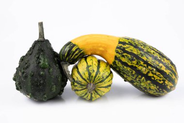 Dekoratif balkabağı beyaz mutfak masası üzerinde. Meyve için halloween süslemeleri için. Sonbahar arka plan.