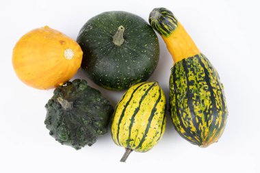 Dekoratif balkabağı beyaz mutfak masası üzerinde. Meyve için halloween süslemeleri için. Sonbahar arka plan.