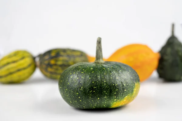 Zucca Decorativa Tavolo Cucina Bianco Frutta Halloween Decorazioni Sfondo Autunno — Foto Stock