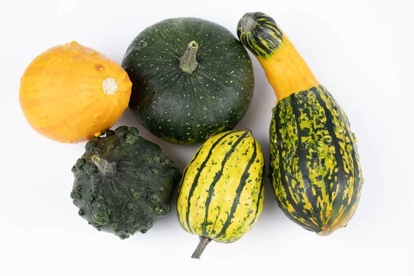 Zucca Decorativa Tavolo Cucina Bianco Frutta Halloween Decorazioni Sfondo Autunno — Foto Stock