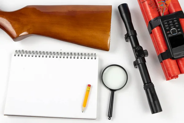 Notepad Making Notes Pencil Table Firearm Shooting Accessories Materials Quotation — Stock Photo, Image